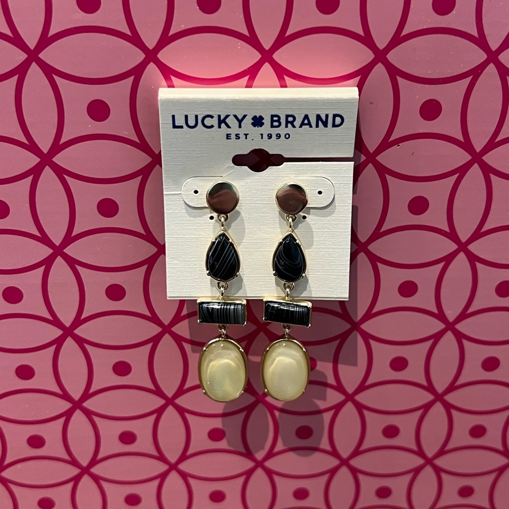 Lucky Brand Gold Tone Mother of Pearl and Black Agate Earrings